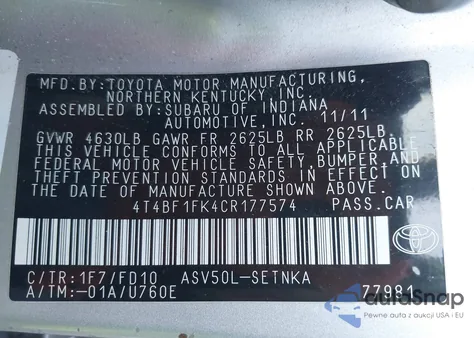 2012 Toyota Camry Le z USA, uszkodzony, nr VIN 4T4BF1FK4CR177574